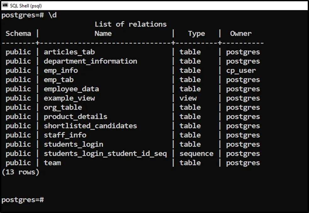 psql \d command usage example