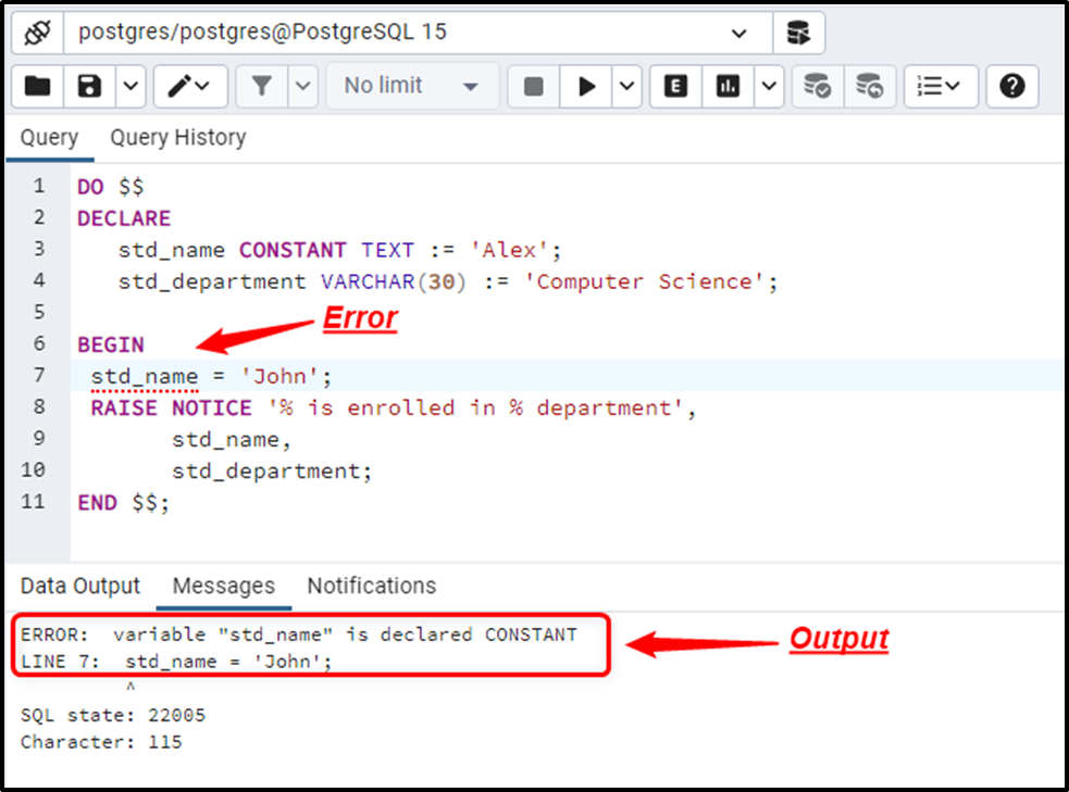 variable assignment postgresql