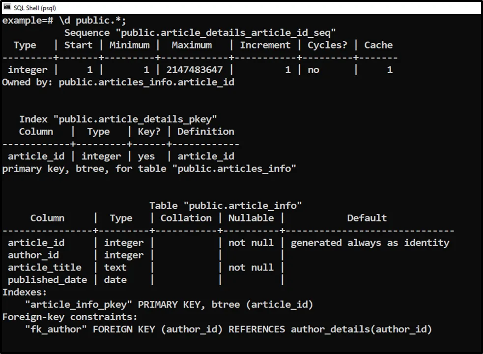 psql \d public.* command - list tables in public schema